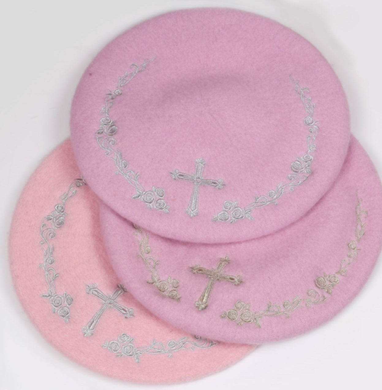 LovelyLota～Rose Cross～Rose Embroidery Wool Lolita Hat free size pink purple+sliver 