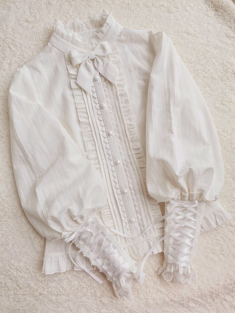 Yilia~Mutton Sleeves Lace Flounce LolitaBlouse XL white without velvet 