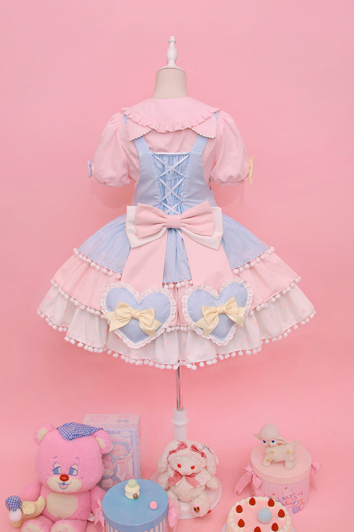 Alice Girl~Candy Cat~Sweet Lolita Dress Lovely Salopette XS blue-pink （Salopette+back bow） 