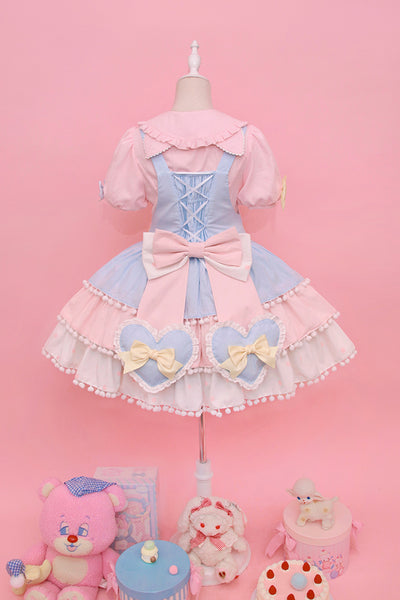Alice Girl~Candy Cat~Sweet Lolita Dress Lovely Salopette XS blue-pink （Salopette+back bow） 