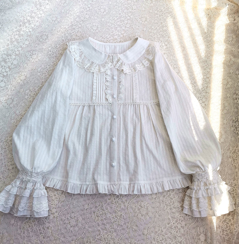 Yilia - Long Sleeve Lovely Lolita Cotton Blouse XS white