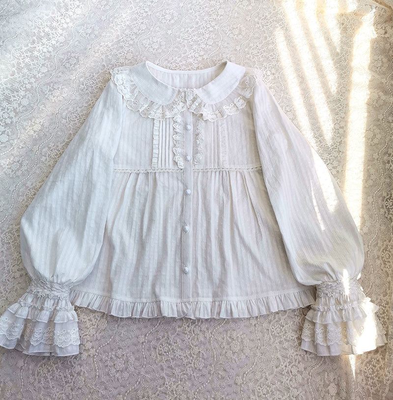 Yilia~Long Sleeve Lovely Lolita Cotton Blouse XS white 