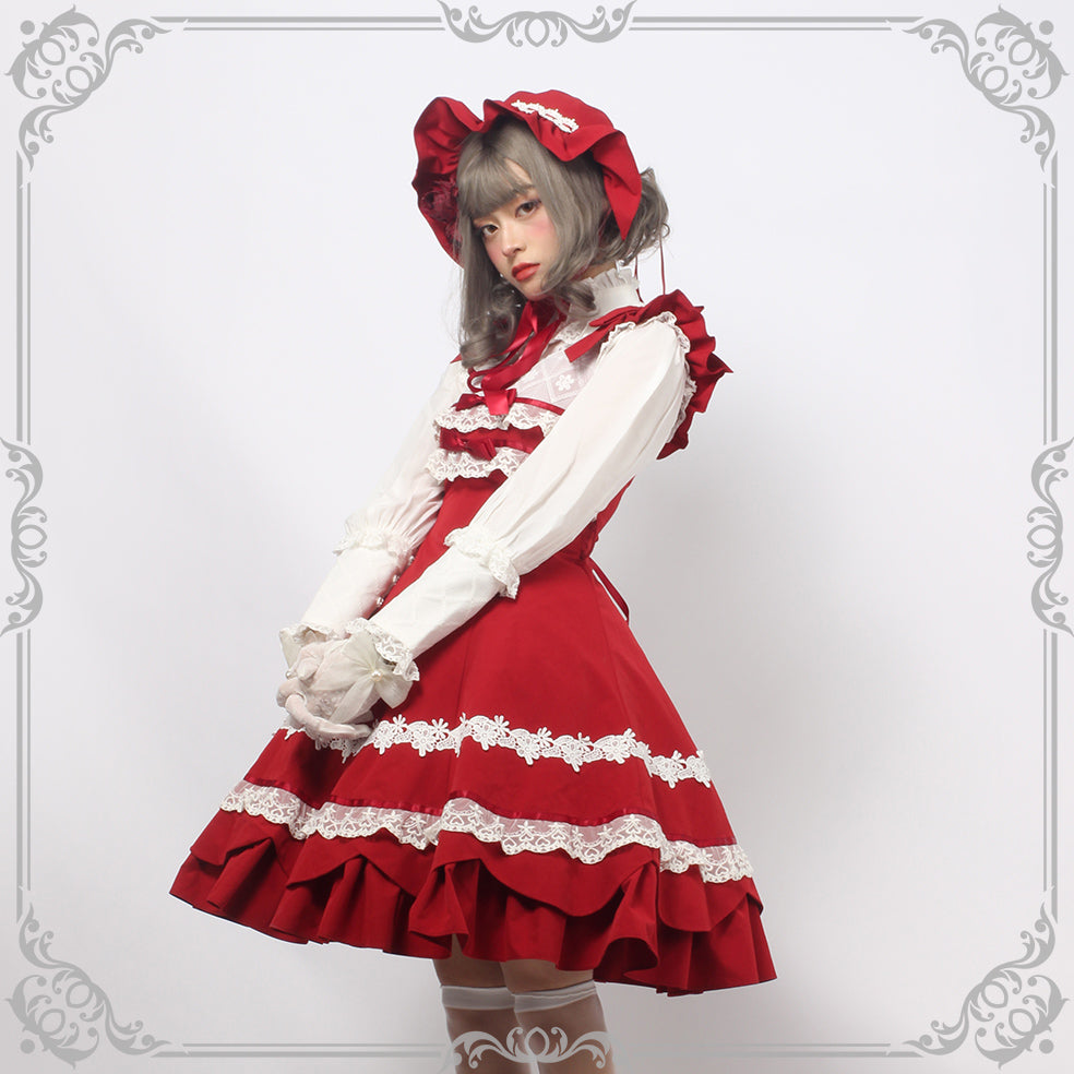 Magic Tea Party - Solid Color Lolita Casual Dress Floral Dress JSK S Lace chest red