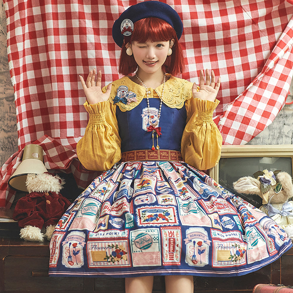 Miss Point - Strawberry Rose - Vintage American Casual Lolita Jumper Dress S cyan