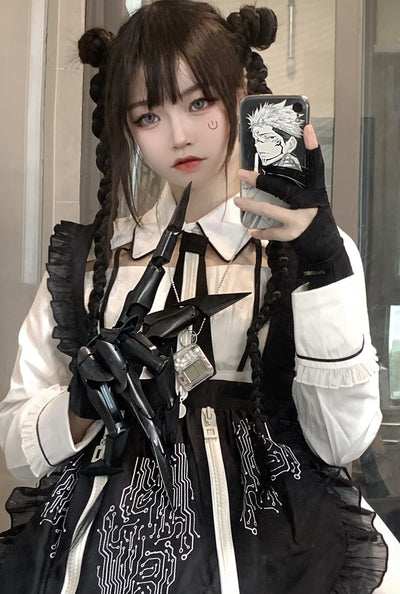 YourHighness~Circuit Board~Gothic Maid Lolita OP XS white long sleeve+black apron and tie 