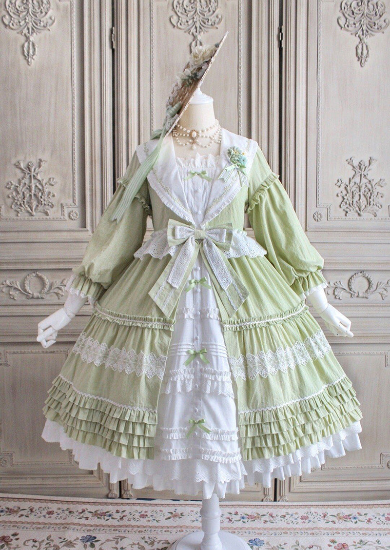 Alice Girl~Cotton Lolita Dress Sunflower Ruffle OP Dress S grass green (long sleeve version) 