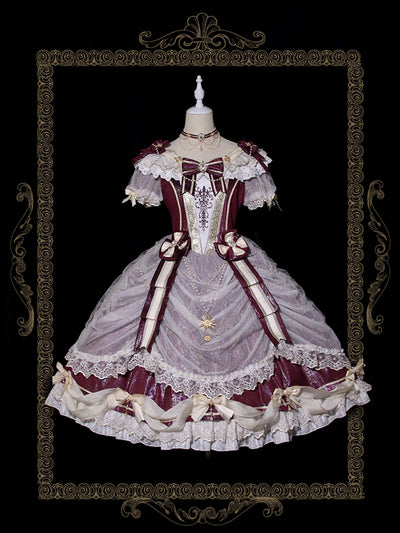 Alice Girl~Palace Retro Lolita Dress~Girl Anniversary Short Sleeve OP wine red (long gorgeous version) S 