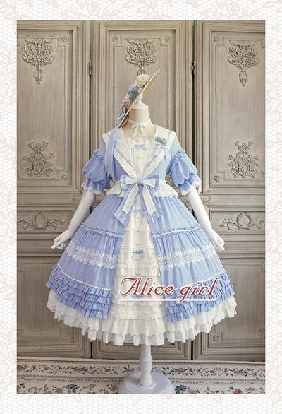 Alice Girl~Cotton Lolita Dress Sunflower Ruffle OP Dress S blue (short sleeve version) 