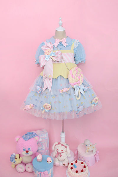 Alice Girl~Rainbow Candy Kawaii Lolita JSK Dress XS yellow and blue set 1 