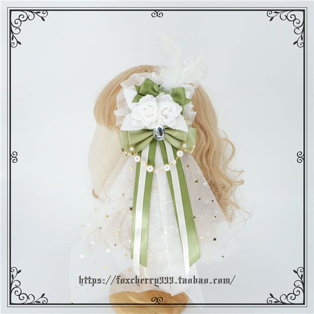 Fox Cherry - Elegant Grass Green Lolita Bow Headdress hanamaru