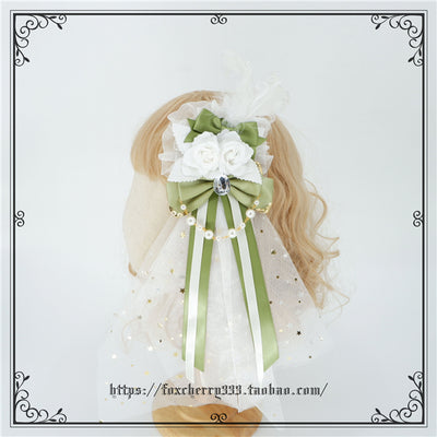 Fox Cherry~Elegant Grass Green Lolita Bow Headdress hanamaru  