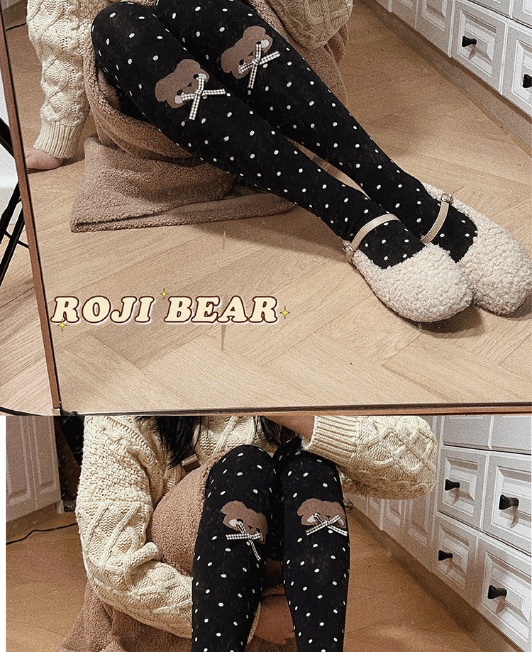Roji roji~Bear Dots Bow Cotton Lolita Thigh Stockings   