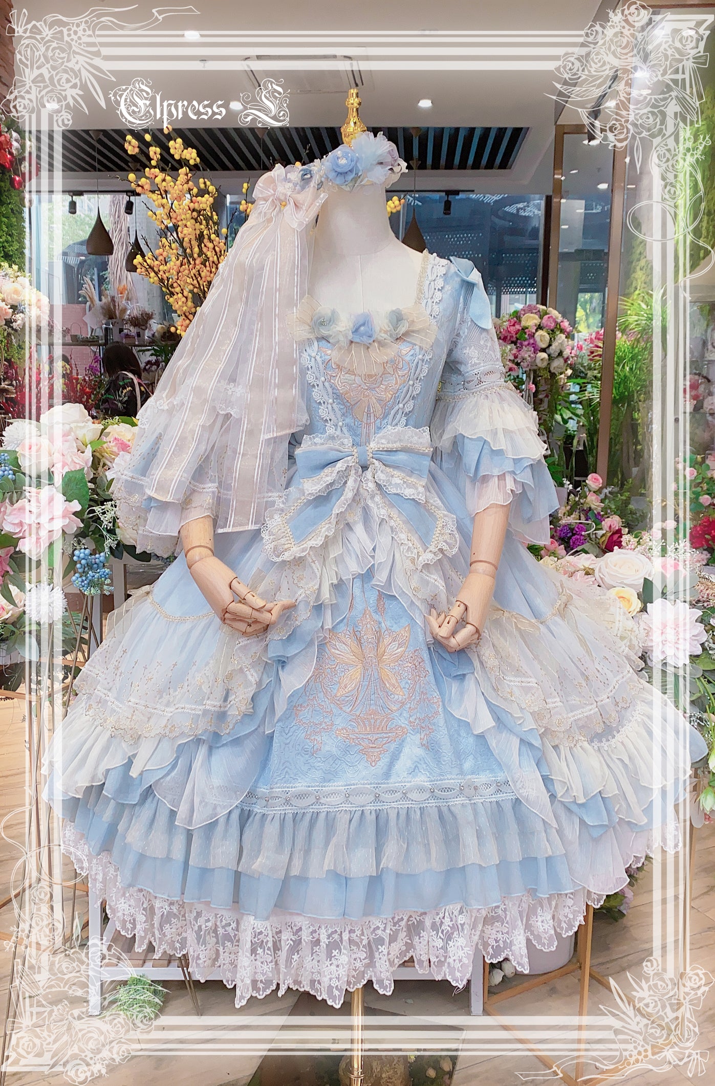 Elpress L~Goblin Kingdom~ Embroidered Lolita OP Dress S blue set with the blue bag 
