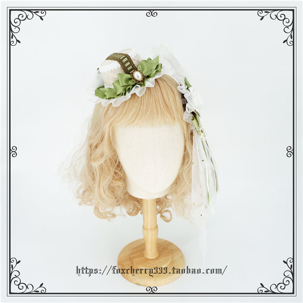Fox Cherry~Elegant Grass Green Lolita Bow Headdress hat  