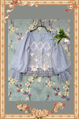 Infanta~Melaleuca Lily~Embroidery Country Lolita Blouse and Skirt M blue blouse blue net yarn 