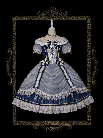 Alice Girl~Palace Retro Lolita Dress~Girl Anniversary Short Sleeve OP navy blue (long fantasy version) S 