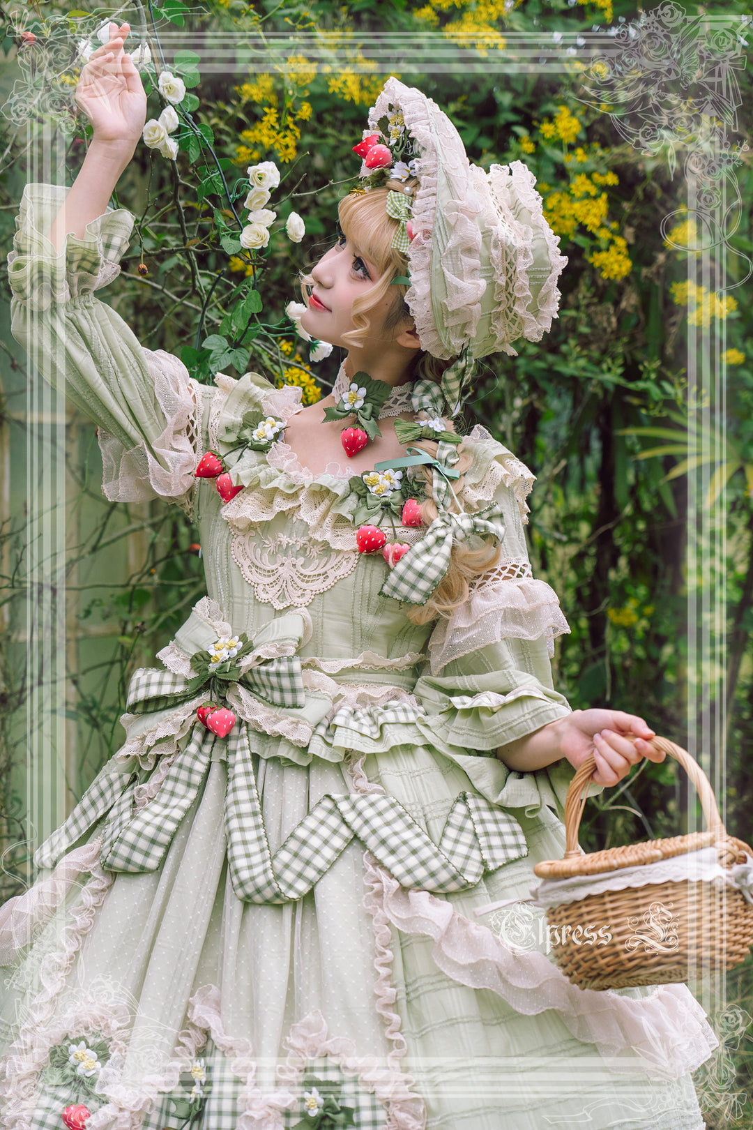 Elpress L~Peach Fragrance~Country Lolita Multicolors Strawberry Lolita OP Dress long XS light green