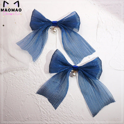 (BuyForMe) MaoJiang Handmade~Kawaii Bows Lolita Head Accessories navy blue- big bow bead hairpin (a pair)  