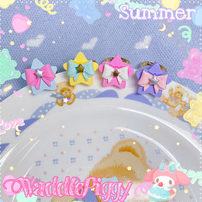 (Buyforme)WaddlePiggy~Sweet Lolita Adjustable Handmade Star Bow Lolita Ring full set(4 rings)  