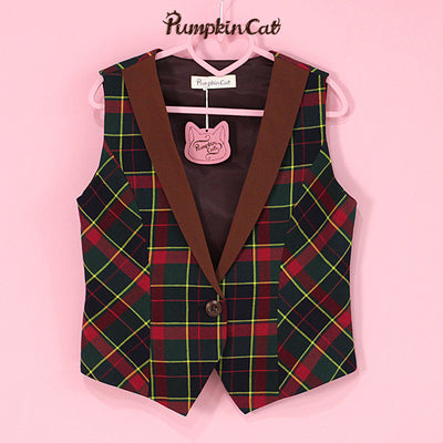 Pumpkin Cat~Autumn Map~JK Fashion Plaid Jacket Vest Suit S green red vest 