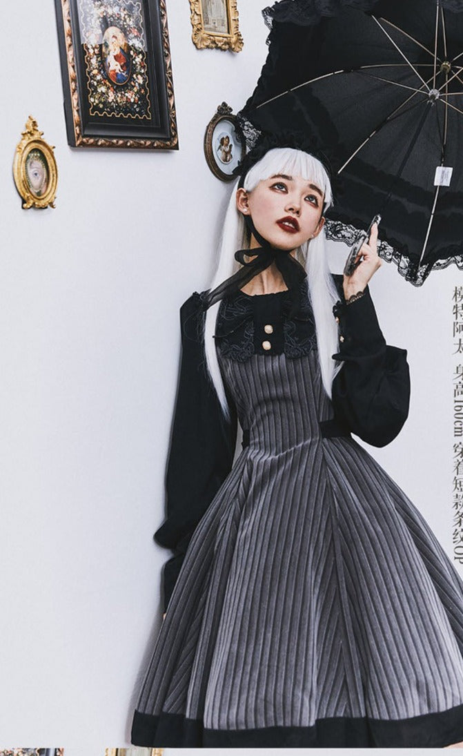 ZeeYe~Night Rose~ Classic Lolita OP Dress S long stripe black long sleeve