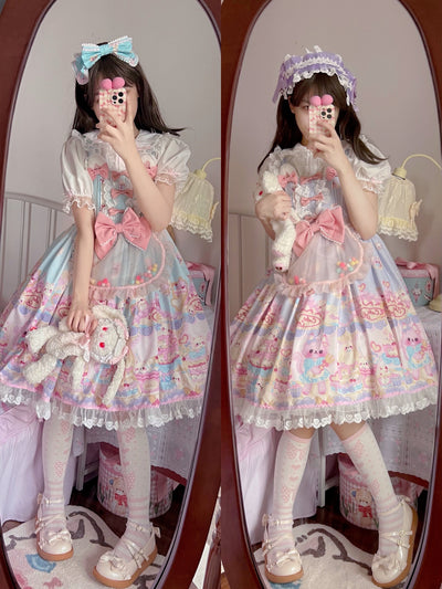 (Buyforme)White Sugar Girl~Cute Lolita Cat Printed Sweet JSK Dress S blue kc 