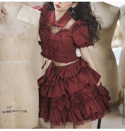 Your Princess~Sweetheart party~Sweet Lolita Skirt Suit S wine red top+skirt+detachable collar 