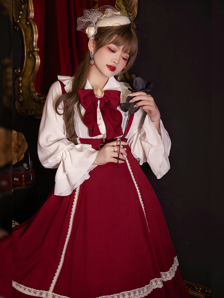 Yingtang~Plus Size Lolita French Retro Dress Set XL dark red JSK 