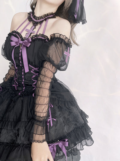 Alice Girl~Cross Maiden~Gothic Lolita Cuffs Puff Arm Sleeves XS black-purple 
