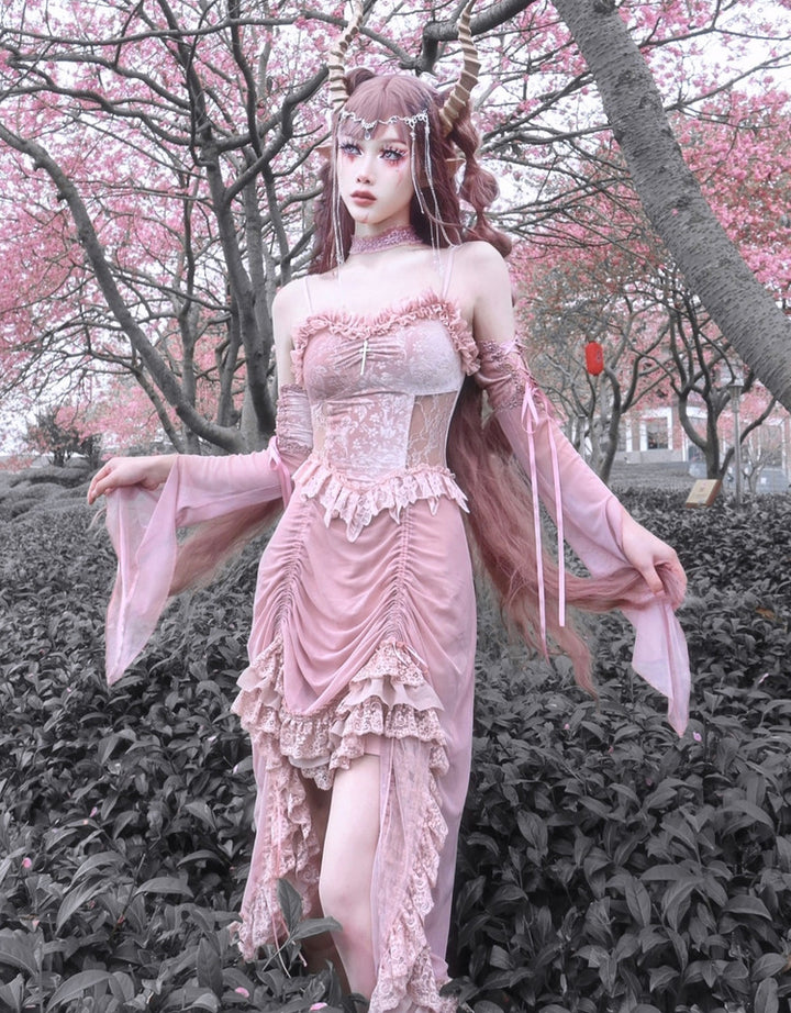 Blood Supply~Sakura Nightmare~Pink Gothic Velvet Drawstring Dress   