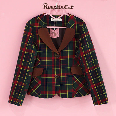 Pumpkin Cat~Autumn Map~JK Fashion Plaid Jacket Vest Suit S green red jacket 