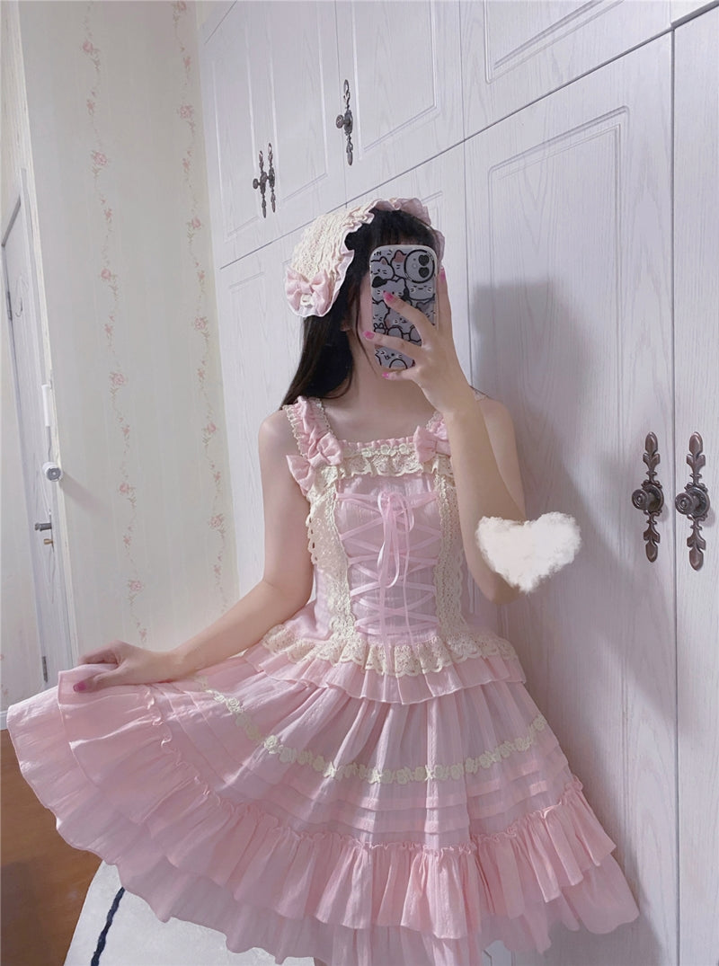 Sweet Angel~Balletcore Sweet Lolita Pink Dress Set S headdress / hairband 