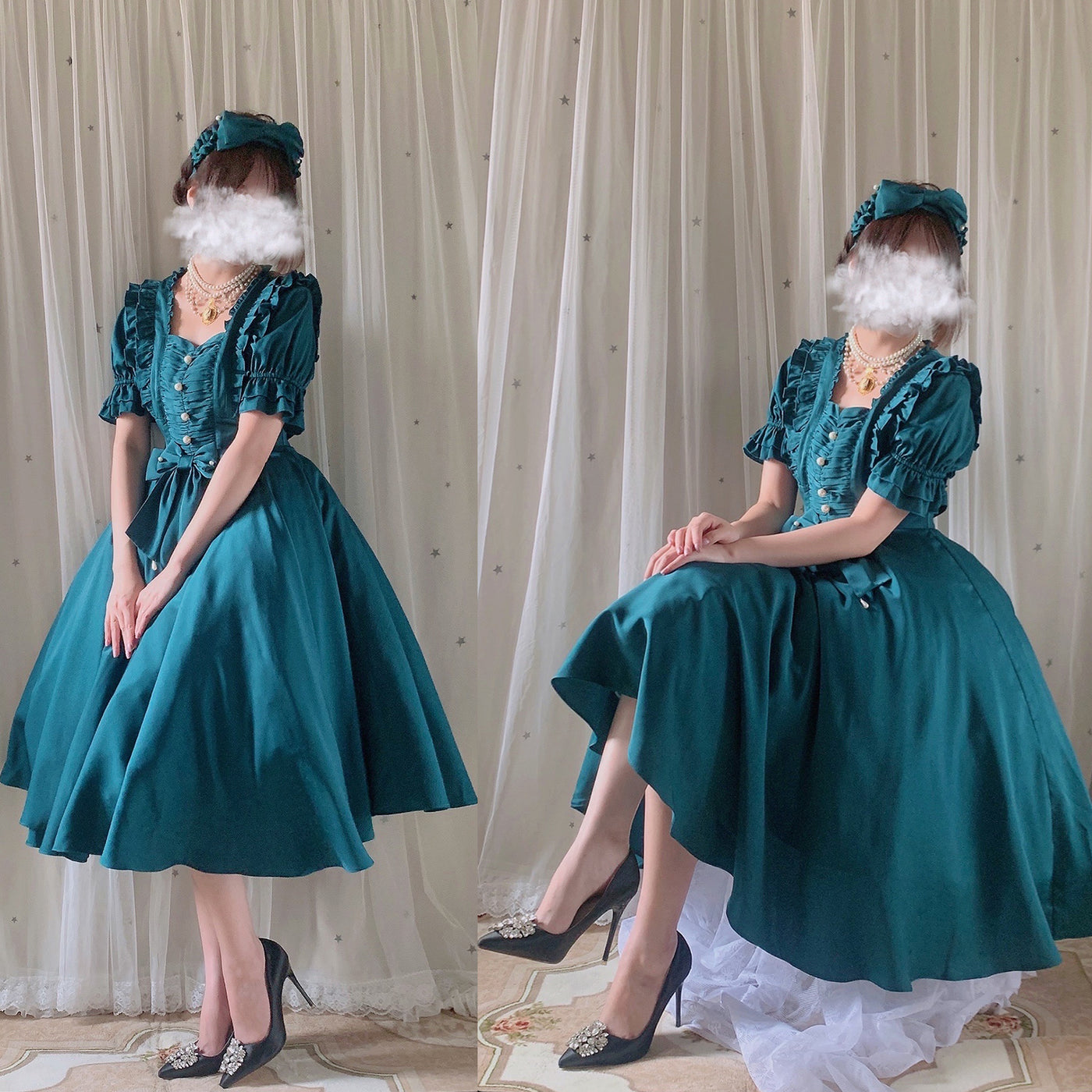 Little Dipper~My Darling~Satin Large Hemline Lolita OP Dress S dark green normal waist long version 