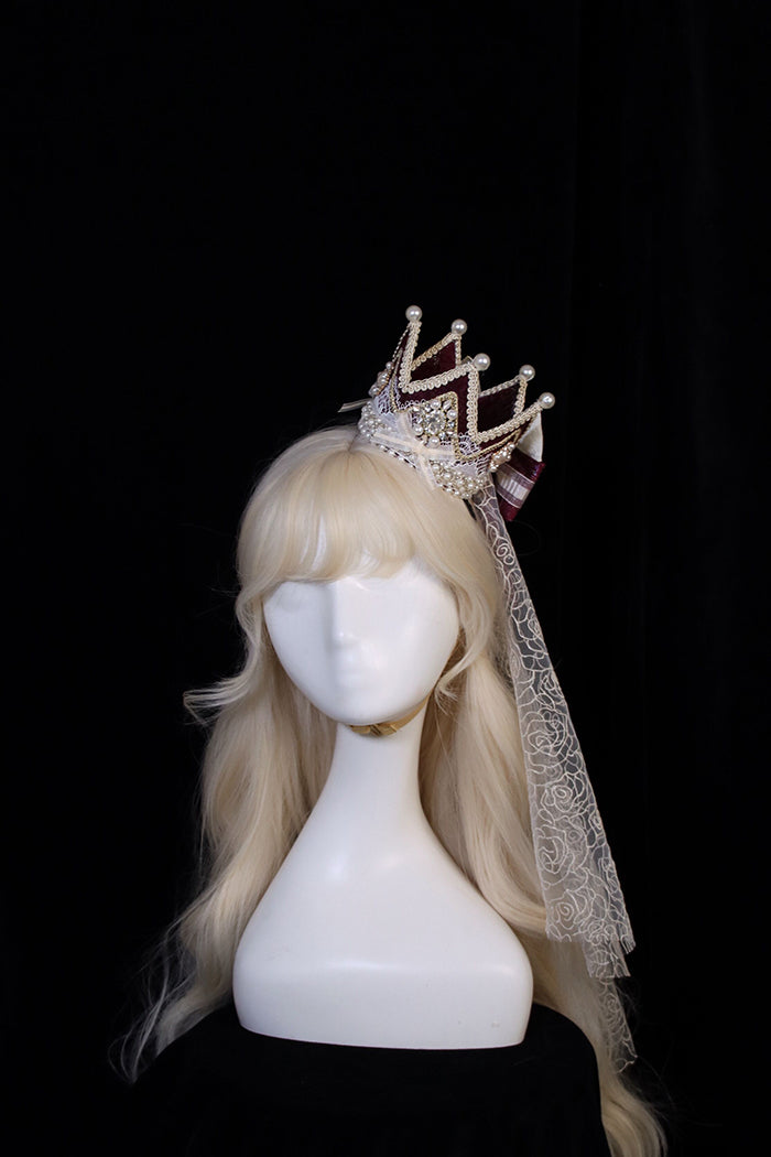 Alice Girl~Girl Anniversary~Multicolor Lolita Crown With Veil wine red small crown headwear  