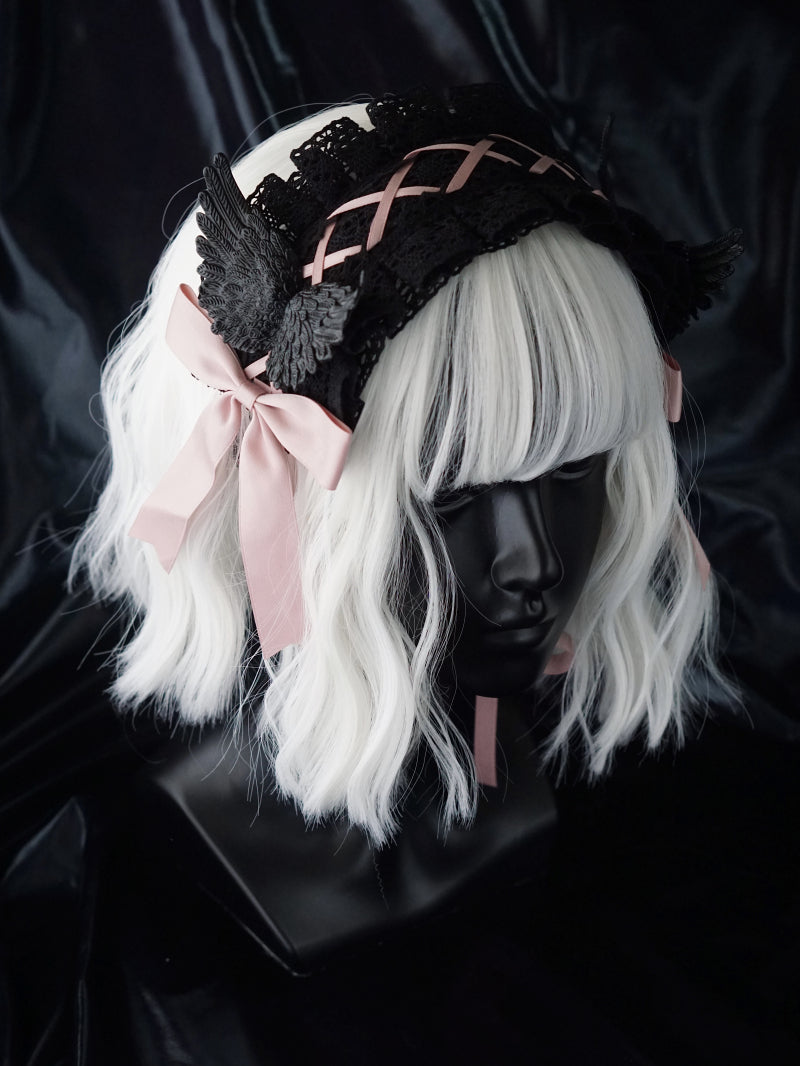 Strange Sugar - Black Wings Halloween Goth Lolita Hairband Black With Pink Hairband (black wing)