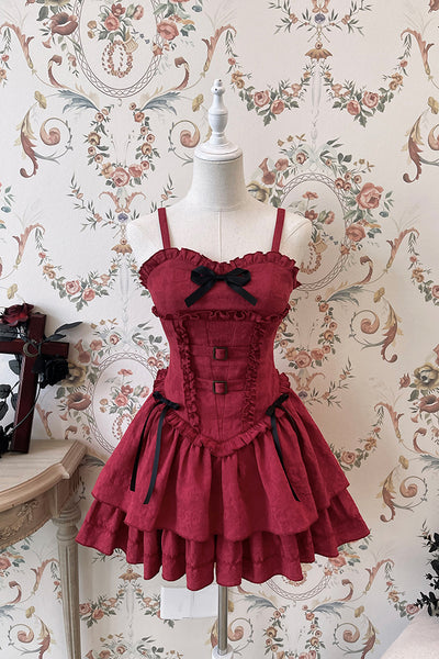 Alice Girl~Gothic Lolita Jumper Dress~The Hunter JSK Multicolor XS burgundy black bow (JSK) 