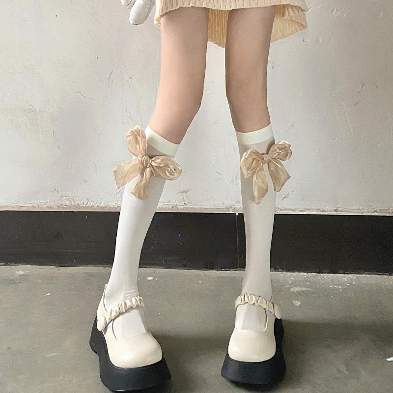 Night Study Room~Multicolors Bow JK Style Kawaii Lolita Stockings freesize golden bow + warm white stocking 