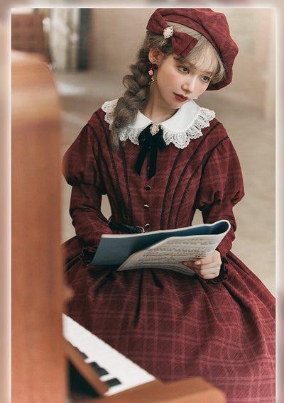 (Buyforme) Avenue Denfer~Gem Book Box~Plaid Classic Lolita OP Dress free size red beret 