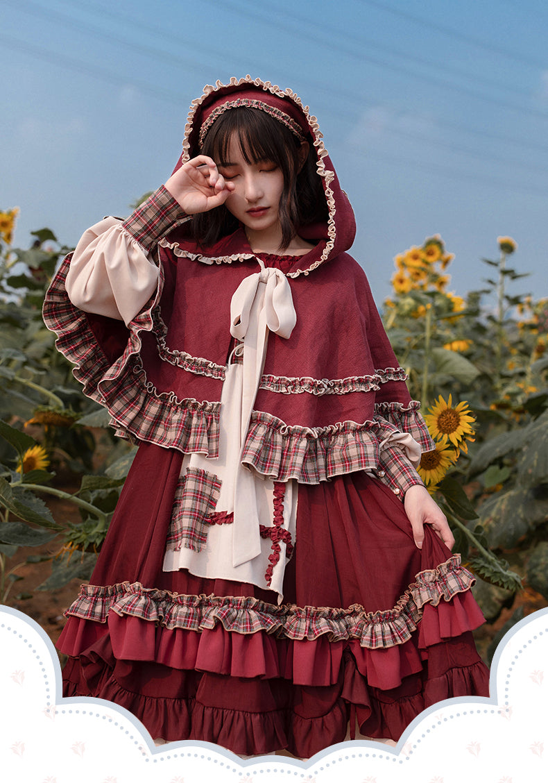 With PUJI - Little Red Riding Hood - Pastoral Lolita OP Fullset S fullset (OP+cloak) + a triangular scarf for free