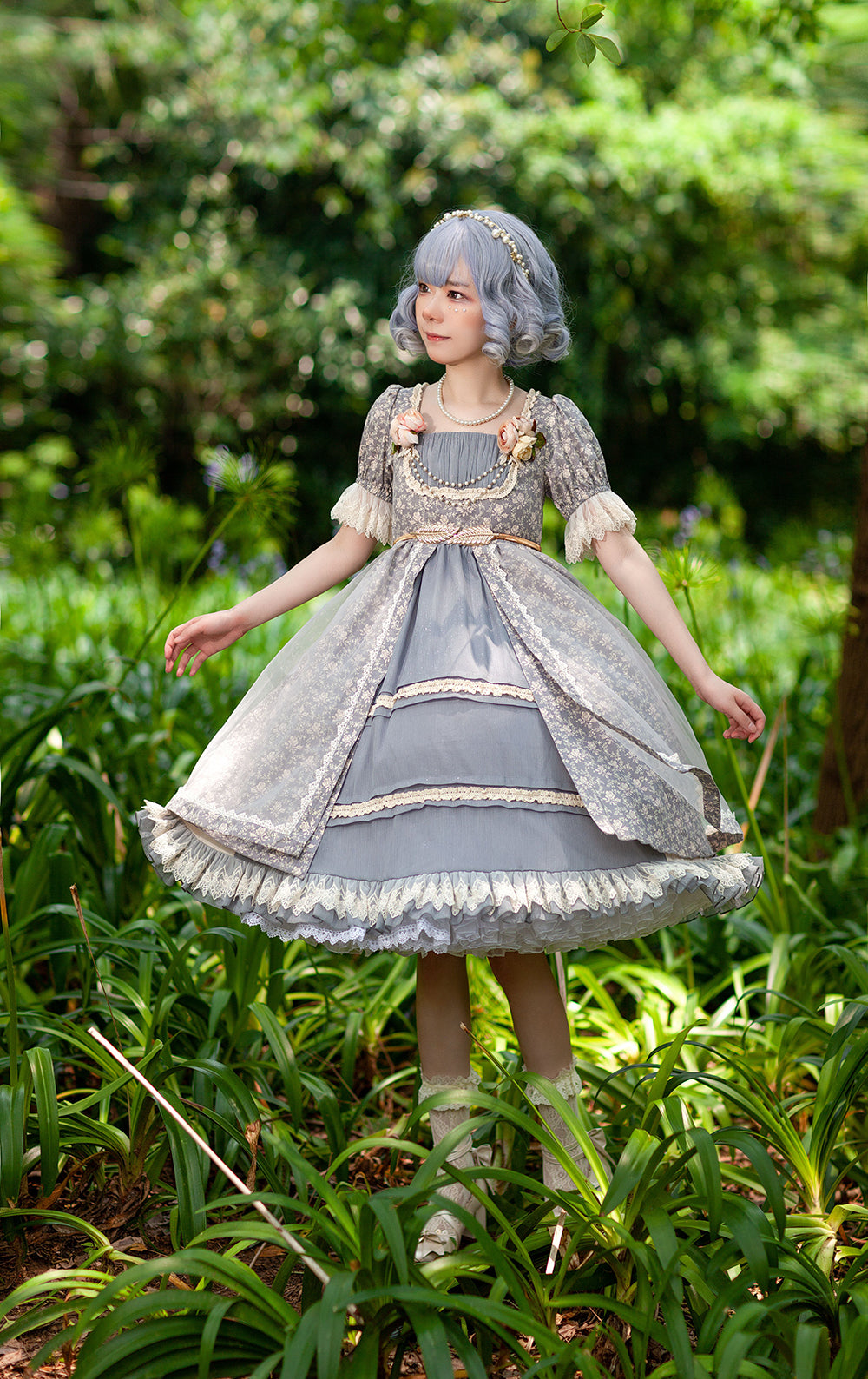 Infanta - Rose Afternoon Tea - Cotton Floral Lolita OP S grey blue OP only