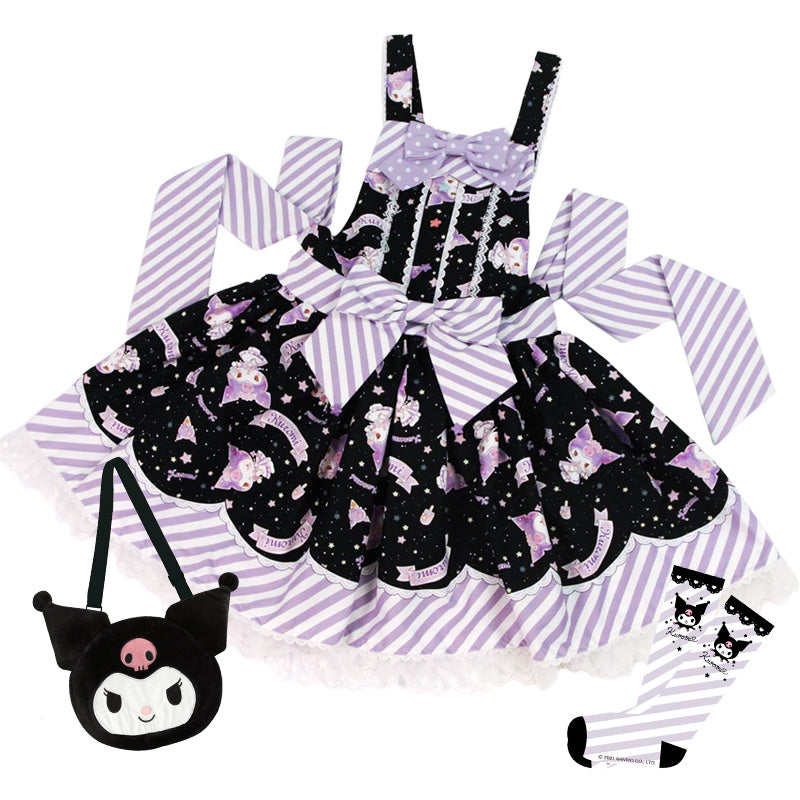 Confession Ballon~Sanrio Pudding Dog Print Kawaii Lolita Jumper Dress S Kuromi salopette (black) free gift bag+socks 
