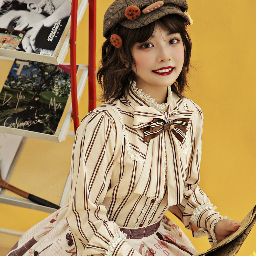 Miss Point - Chocolate Daily Light Sweet Stripe Lolita Blouse XS milk tea color