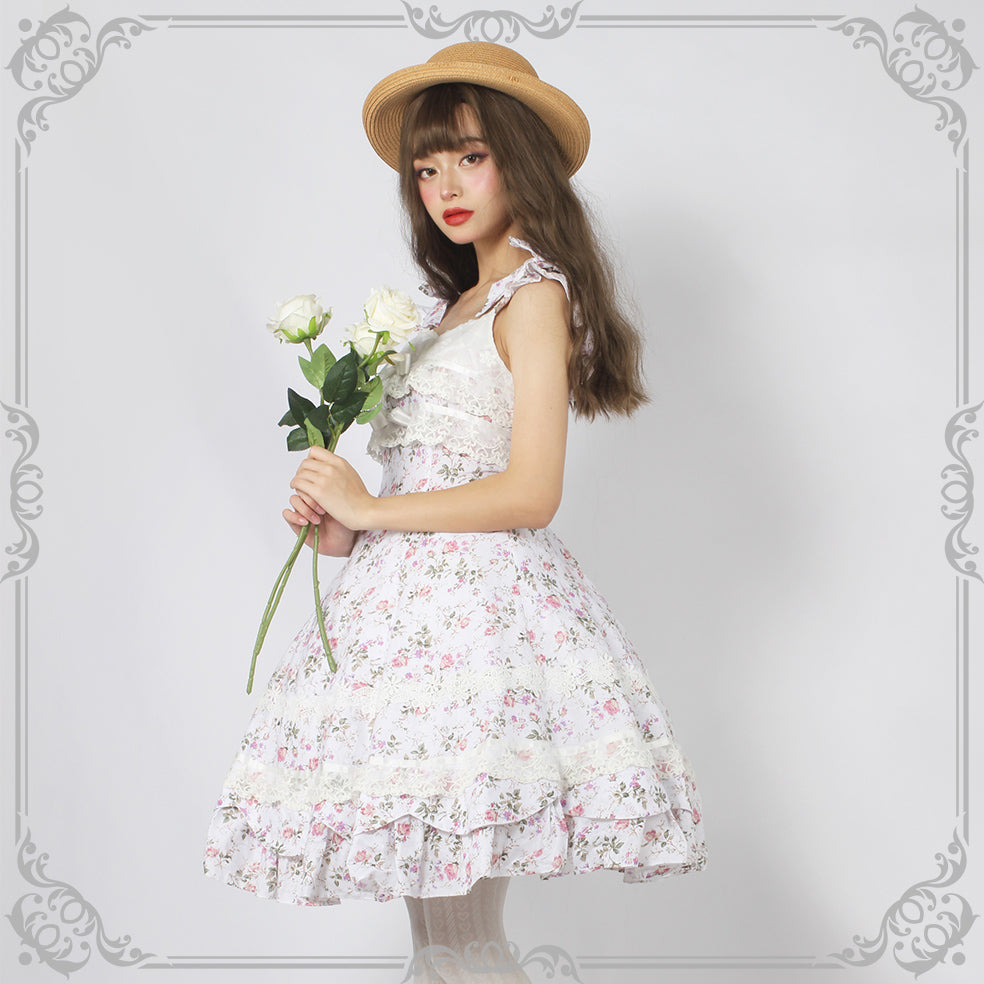 Magic Tea Party~Solid Color Lolita Casual Dress Floral Dress JSK S Lace chest white flower