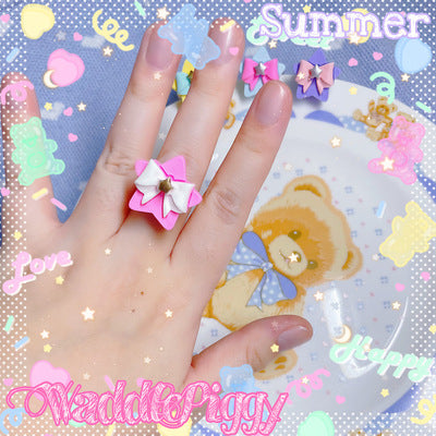 WaddlePiggy - Sweet Lolita Adjustable Handmade Star Bow Lolita Ring dark pink star
