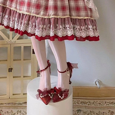 Sky Rabbit~Flower Wedding Elegant Lolita High Heel Shoes 34 8cm wine red 