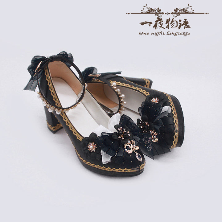 One Night ~ Bright PU Wedding Lolita Thick High Heels 36 black (size 35-41: 8cm heel; size 42-44: 6cm heel)