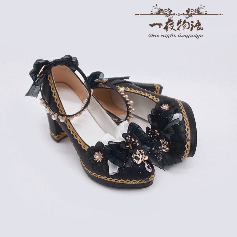 One Night ~ Bright PU Wedding Lolita Thick High Heels 36 black (size 35-41: 8cm heel; size 42-44: 6cm heel) 
