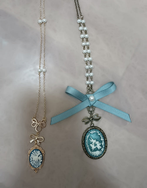 Rose of Sharon - British Style Cameo Lolita Necklace grey+green bow
