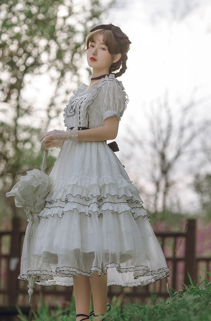 With Puji~Dusk Butterfly～Lolita Embroidered White OP Dress   