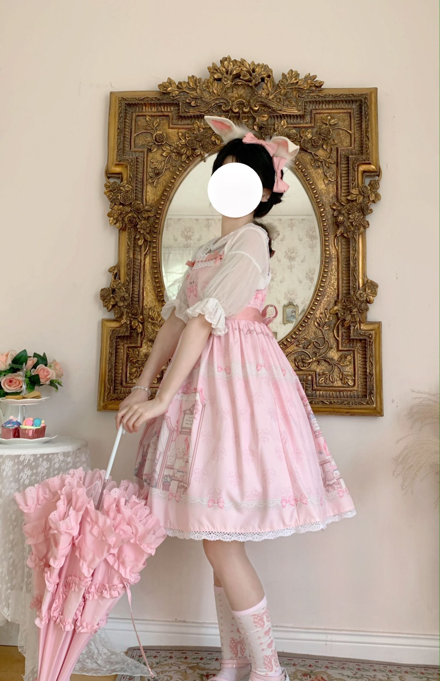 Sugar Girl - Bear Tea Party - Sweet Lolita JSK and Headdress S baby-pink JSK
